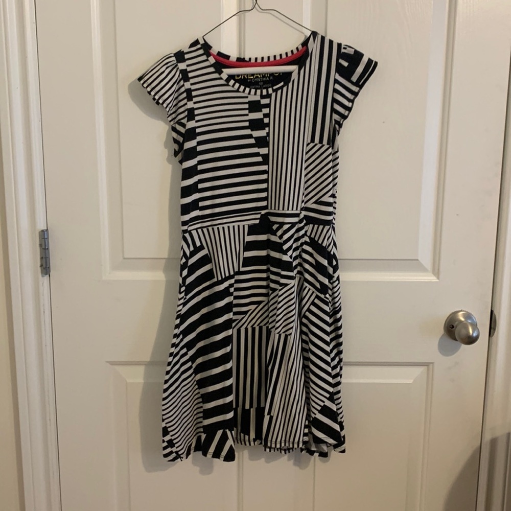 Girls asymmetric black and white striped swing dress